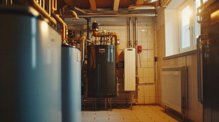 Boiler system in a basement - obrazy, fototapety, plakaty