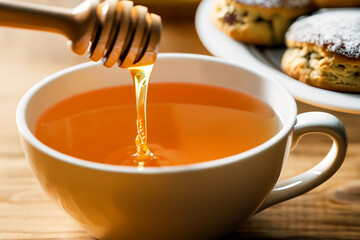 温かい紅茶に蜂蜜を入れる瞬間