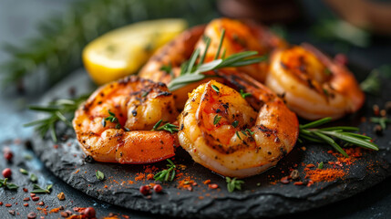 Grilled shrimp with lemon and spices, beautiful serving dishes, restaurant, homemade food, grilled seafood. - obrazy, fototapety, plakaty