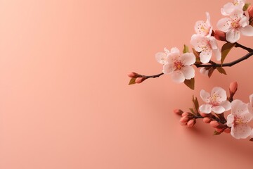 Obraz premium Almond sprig in minimalist style, on peach background, with space for text, banner. Spring postcard.