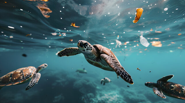Turtle swimming in the sea and have plastic scraps, saving the planet and environment marine life in the world , animal wildlife clean beach, wide image There is space to enter text.