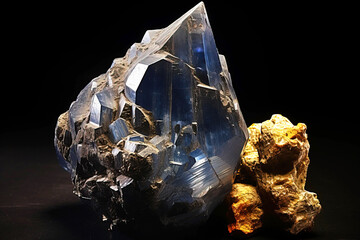 Fototapeta premium Anatase is a rare precious natural stone on a black background. AI generated. Header banner mockup with space.