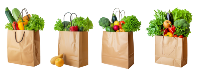 Fresh vegetables in a brown paper bag on a white background, zero waste concept