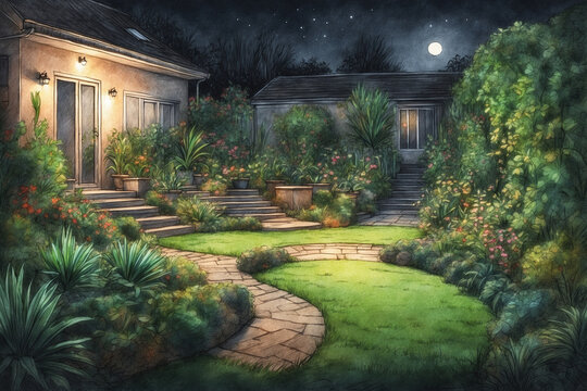 Back garden with green plants and neat grass at night with garden lights in sketch style