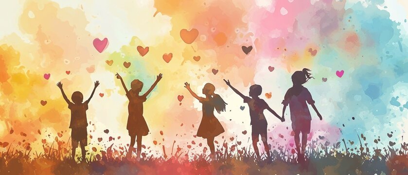 Children raise their arms and hands to a colorful sky full of hearts. Concept peace on earth, charity, volunteer work. Dreams will come true, silhouette illustration.