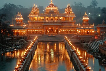 Shri Ram Mandir Ayodhya, A hindu temple with beautiful lights and water - obrazy, fototapety, plakaty