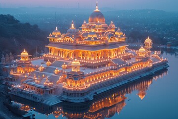 A hindu temple with beautiful lights and water 