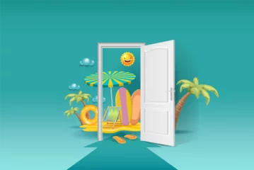 Fotobehang Concepts of summer holidays, open door, travel, sea holidays. Planning vacations and vacations. 3d vector illustration. © Ivan Voronov