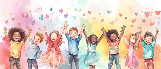 happy multiethnic children raise their arms and hands to a colorful sky full of hearts. Concept back to school illustration.
