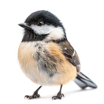 Black-capped Chickadee standing in natural pose isolated on white background, photo realistic