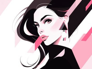 Glamour beautiful woman with long black hair. Modern flat illustration on white background