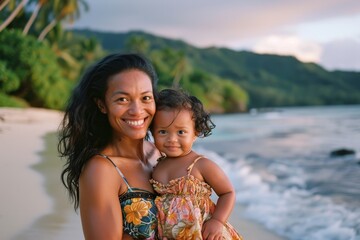 Fototapeta na wymiar Portrait of a mother and daughter on a tropical beach