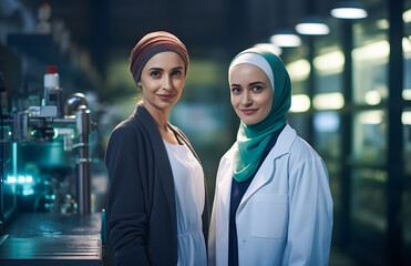 Fototapeta na wymiar Portrait of friendly two muslim woman doctor, smiling confident muslim female doctor. Authentic Confident Middle Eastern Healthcare Worker. Middle age senior arab nurse woman wearing hijab