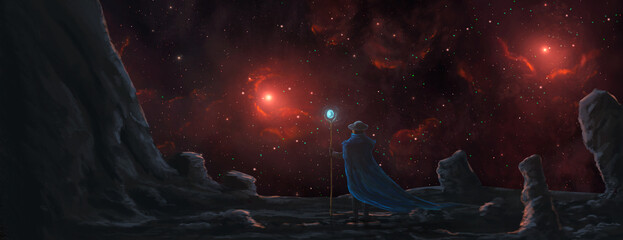 Magician walking on land with red nebula and stars in space. Panoramic sci-fi landscape digital painting background.
