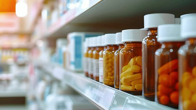 A drug store with medicine bottles lined up beautifully on the shelves. on a blurred background Concept of selling medicines