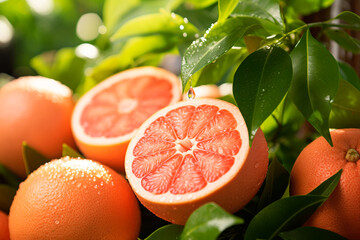 Grapefruit close-up in an orchard, background, summer
