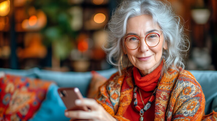 Older mature senior woman using a mobile cell phone technology to text family