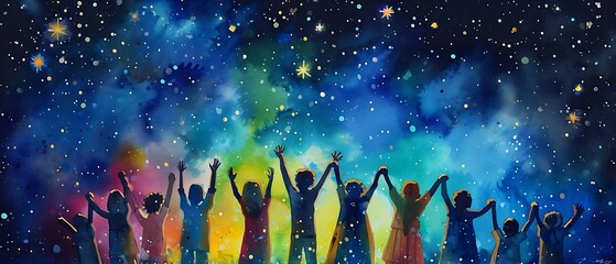 Children raise their arms and hands to the starry sky at night. Concept children need a future, charity,  volunteer work. Multicultural community. People diversity, silhouette illustration. - obrazy, fototapety, plakaty