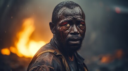 Portrait of a dirty African man working in a Cole mine. Man working a dangerous job in a toxic environment. Low paying job in a harsh environment. African guy exploited as a cheap labor force. - obrazy, fototapety, plakaty