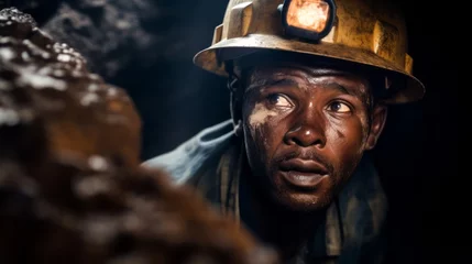 Fotobehang Portrait of a dirty African man working in a Cole mine. Man working a dangerous job in a toxic environment. Low paying job in a harsh environment. African guy exploited as a cheap labor force. © Valua Vitaly
