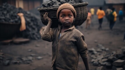 Dirty African kids working in a Cole mine. Children are on a dangerous job in a toxic environment. African child labor in harsh conditions. Child labor concept. Cheap African workers. - obrazy, fototapety, plakaty