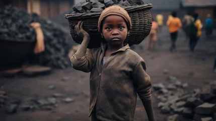 Fotobehang Dirty African kids working in a Cole mine. Children are on a dangerous job in a toxic environment. African child labor in harsh conditions. Child labor concept. Cheap African workers. © Valua Vitaly