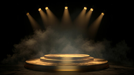 Golden podium on a dark background with smoke. Empty pedestal for the award ceremony. The platform is illuminated by spotlights. Made with generative ai