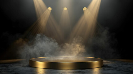 Golden podium on a dark background with smoke. Empty pedestal for the award ceremony. The platform is illuminated by spotlights. Made with generative ai