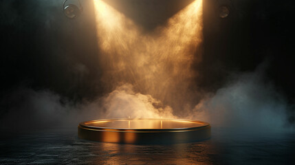Golden podium on a dark background with smoke. Empty pedestal for the award ceremony. The platform is illuminated by spotlights. Made with generative ai