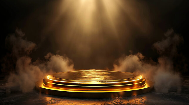 Golden podium on a dark background with smoke. Empty pedestal for the award ceremony. The platform is illuminated by spotlights. Made with generative ai
