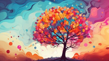 Colorful tree with vibrant leaves hanging branches illustration background 3d abstraction wallpaper for interior mural painting wall art decor 