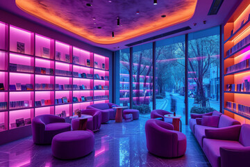 A bookshop café lit with lavender gels, creating a calm and relaxing reading area. Concept of...