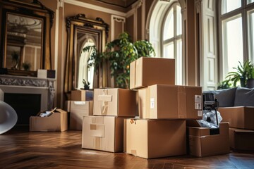 Stack of cardboard boxes with household belongings on wooden floor in living room of old classical style house. Moving to new home, relocation, homestaging, removals and delivery, Generative AI - obrazy, fototapety, plakaty
