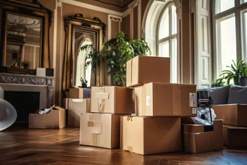 Foto auf Leinwand Stack of cardboard boxes with household belongings on wooden floor in living room of old classical style house. Moving to new home, relocation, homestaging, removals and delivery, Generative AI © Morningmaze