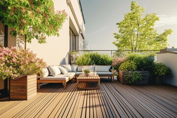 Beautiful of modern terrace with wood deck flooring, green potted flowers plants and outdoors furniture. Cozy relaxing area at home back yard. Sunny stylish balcony terrace in the, Generative AI - obrazy, fototapety, plakaty