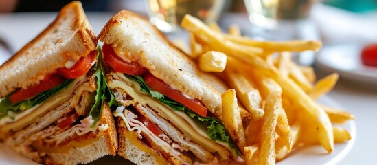 Delicious Club Sandwich and Crispy French Fries on a Plate - Perfect Snack Combo - Powered by Adobe