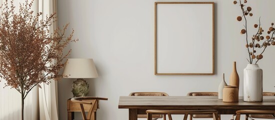Empty poster mockup in dining room with wooden table and lamp. - obrazy, fototapety, plakaty