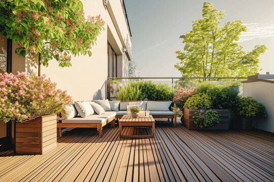 Beautiful of modern terrace with wood deck flooring, green potted flowers plants and outdoors furniture. Cozy relaxing area at home back yard. Sunny stylish balcony terrace in the, Generative AI