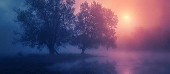 Fototapeta na wymiar Mystical Tree Silhouettes Embracing the Enchanting Fog of the Mystic Dawn