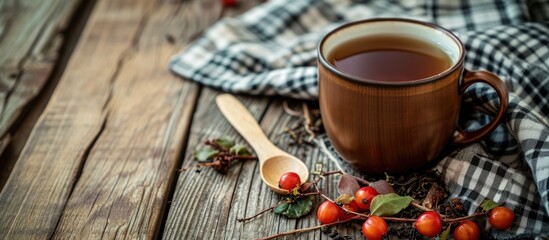 Enamel mug with herbal tea, dried rosehips, wooden spoon, checkered napkin on wooden table.