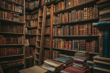 Vintage bookstore with shelves filled with leather bound books and old manuscripts