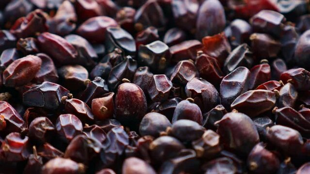 Many dried barberry berries circle rotation close up