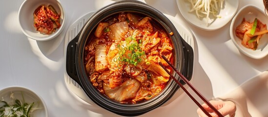 Cover white table with tablecloth, serve kimchi stew in ceramic pot, use wooden chopsticks to eat.