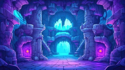 cartoon mystical and atmospheric dungeon entrance magical glow, with stone walls adorned with glowing runes.