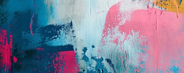 Messy paint strokes and smudges on an old painted wall background. Abstract wall surface with part of graffiti. Colorful drips, flows, streaks of paint and paint, Generative AI