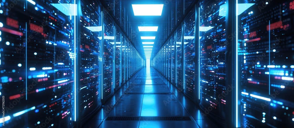 Poster neon projection visualizes data in active data center full of servers.