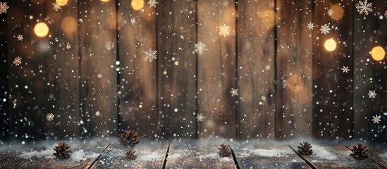 Wooden textured Christmas backdrop with snowflakes.