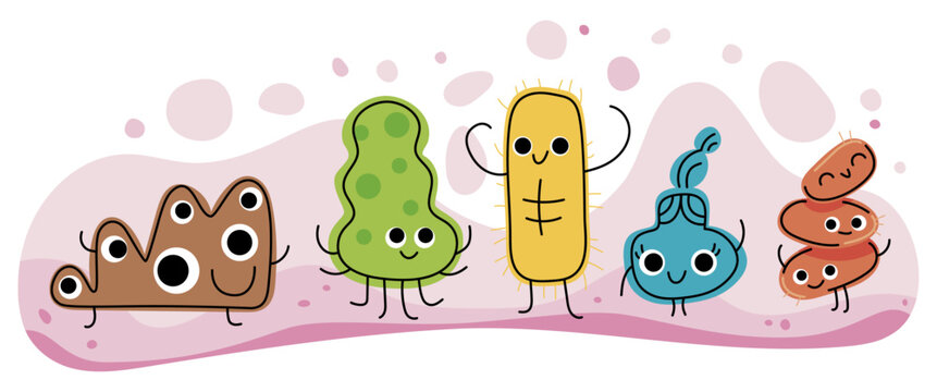 Illustration du microbiome, micro-organisme humain illustr&eacute;s sous forme de personnages rigolos, microbiote de l'estomac, recherche m&eacute;dicale contre la maladie, ressource graphique th&egrave;me sant&eacute;