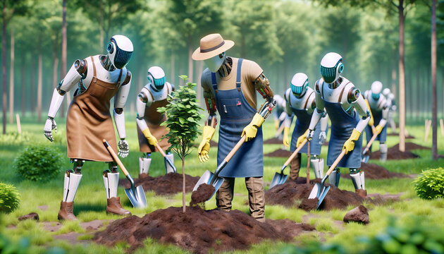 A person and robots collaboratively planting a tree in a lush forest setting, symbolizing the integration of technology and nature.
