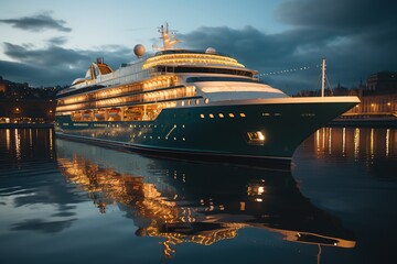 Obraz premium Oceanic Opulence: A Touristic Cruise Ship Yacht Sails Through the Sea, Redefining Vacation Luxury with Every Wave it Gracefully Encounters